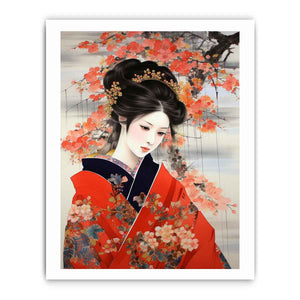 Japanese woman in red kimono canvas art for bedroom decor.