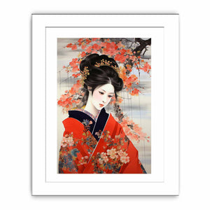 Japanese woman in red kimono canvas art for bedroom decor.