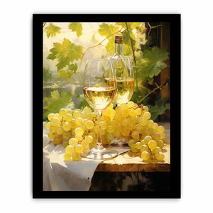 White wine and grape still life canvas art for dining room decor.