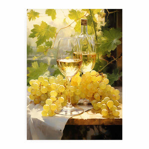 White wine and grape still life canvas art for dining room decor.
