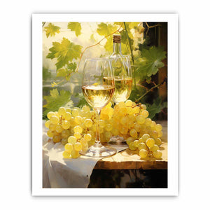 White wine and grape still life canvas art for dining room decor.