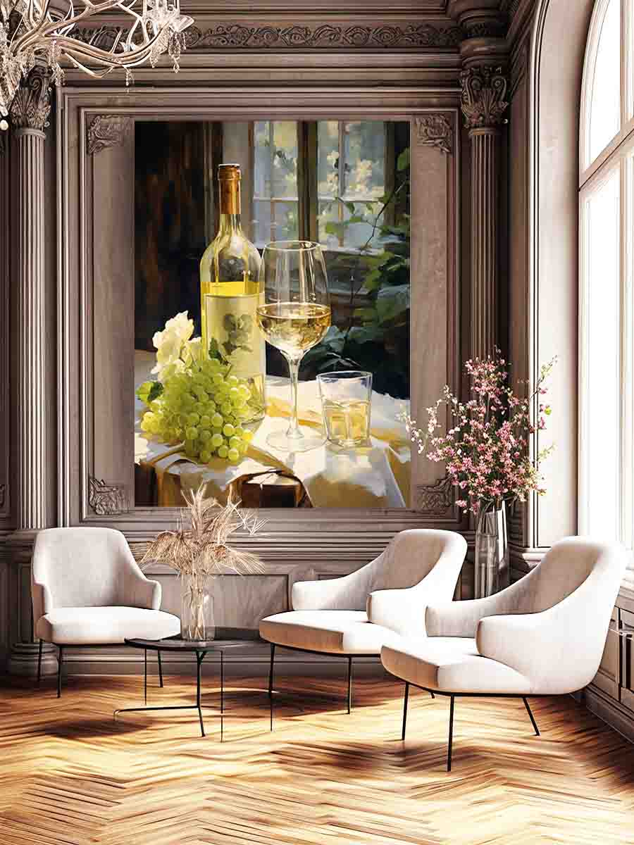 White wine bottle and grapes canvas art for dining room decor.