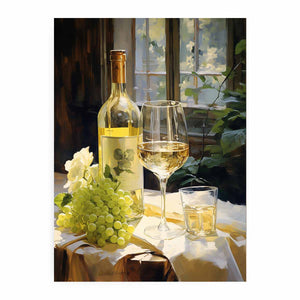 White wine bottle and grapes canvas art for dining room decor.