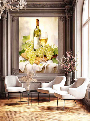 White wine and grape basket canvas art for kitchen decor.