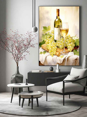 White wine and grape basket canvas art for kitchen decor.