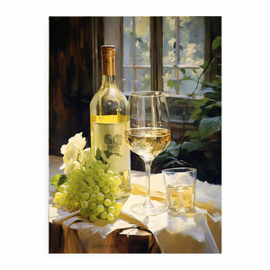 White wine and grape basket canvas art for kitchen decor.