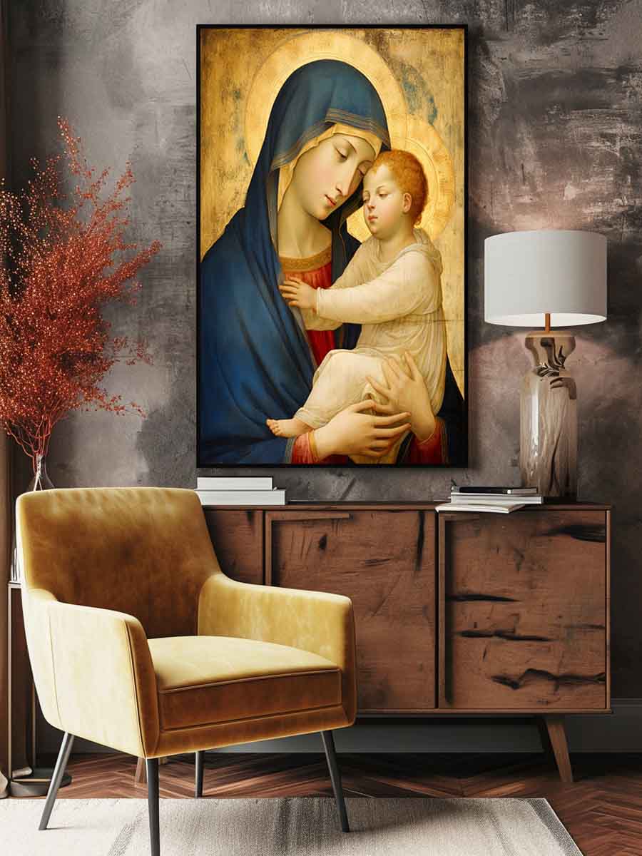 Mother Mary and Jesus religious canvas art for bedroom decor.