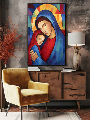 Modern Mother Mary and child canvas art for nursery decor.