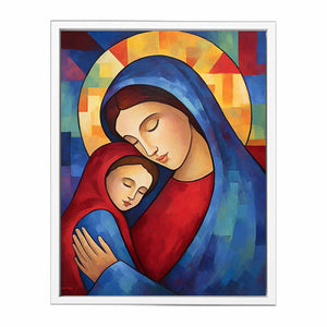 Modern Mother Mary and child canvas art for nursery decor.
