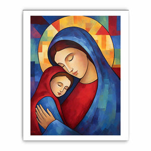 Modern Mother Mary and child canvas art for nursery decor.