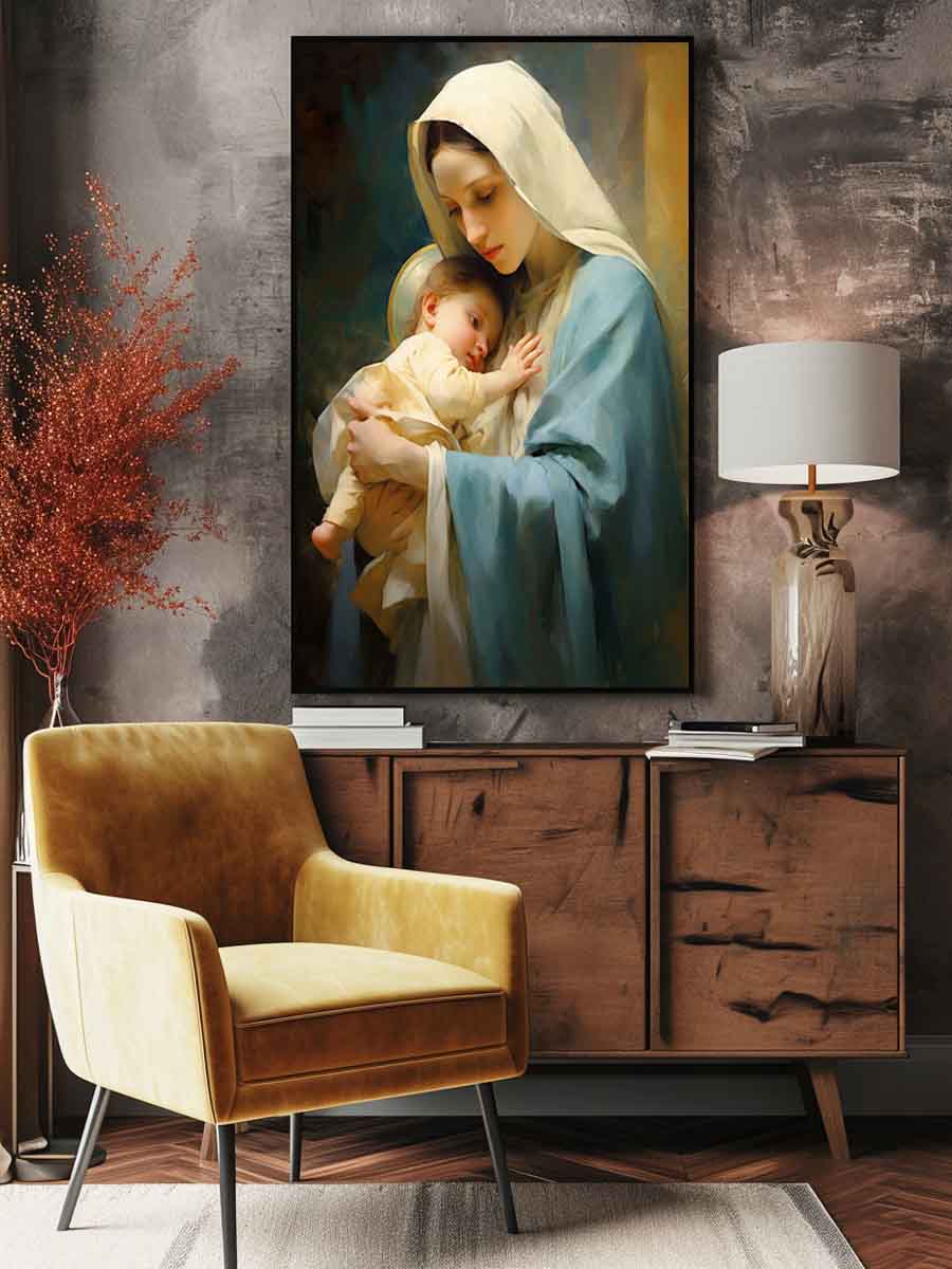 Mother and child sacred portrait canvas art for bedroom decor.