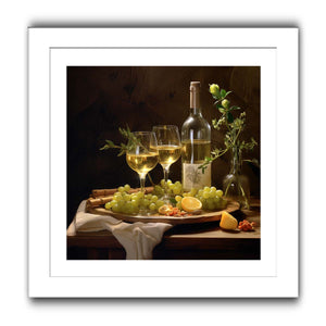 White wine still life with grapes and botanicals for elegant dining room decor.