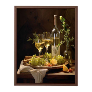White wine still life with grapes and botanicals for elegant dining room decor.
