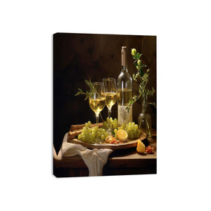 White wine still life with grapes and botanicals for elegant dining room decor.