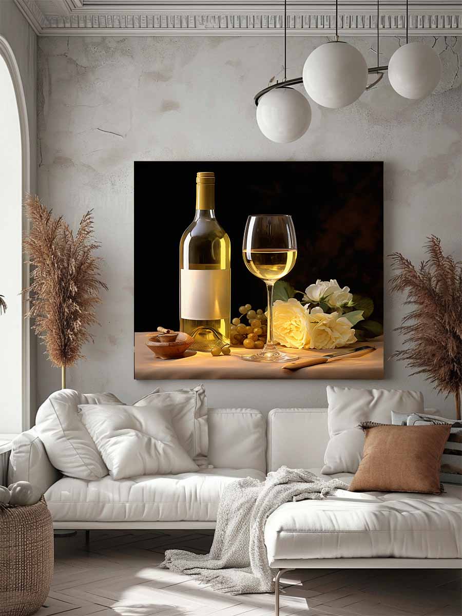 Elegant white wine and roses still life canvas art for dining room or home bar decor.
