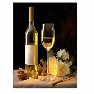 Elegant white wine and roses still life canvas art for dining room or home bar decor.