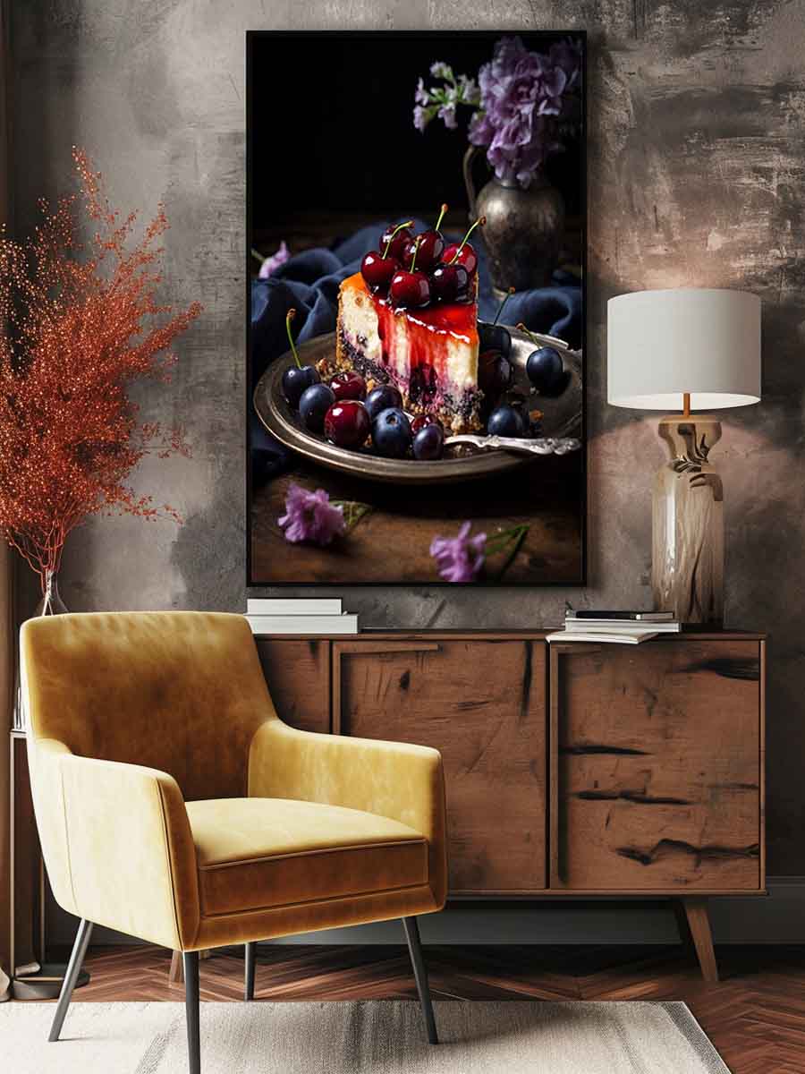 Moody cherry cheesecake still life canvas art for kitchen or dining room decor.