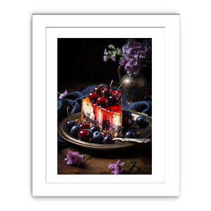 Moody cherry cheesecake still life canvas art for kitchen or dining room decor.