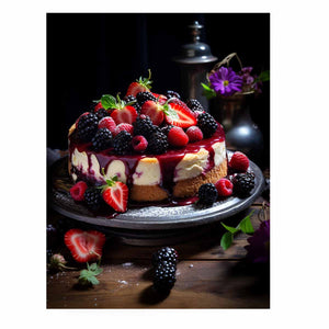 Dramatic berry cheesecake canvas art for kitchen, dining room, or cafe style decor.