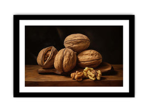 Rustic walnut still life canvas art with warm wood tones for kitchen decor.