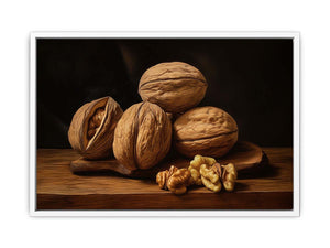 Rustic walnut still life canvas art with warm wood tones for kitchen decor.