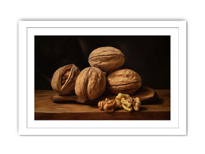 Rustic walnut still life canvas art with warm wood tones for kitchen decor.