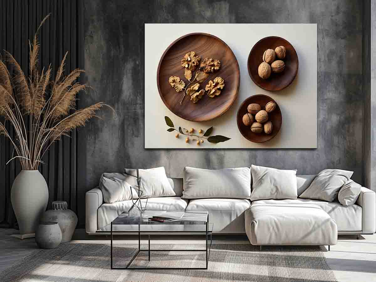 Overhead walnut and wooden bowl still life canvas art for warm kitchen decor.
