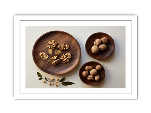 Overhead walnut and wooden bowl still life canvas art for warm kitchen decor.