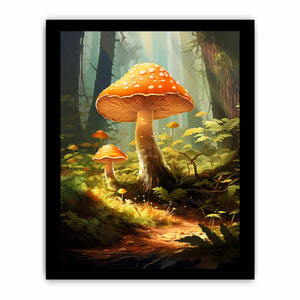 Orange mushroom fantasy canvas art in a misty forest for cozy living room decor.