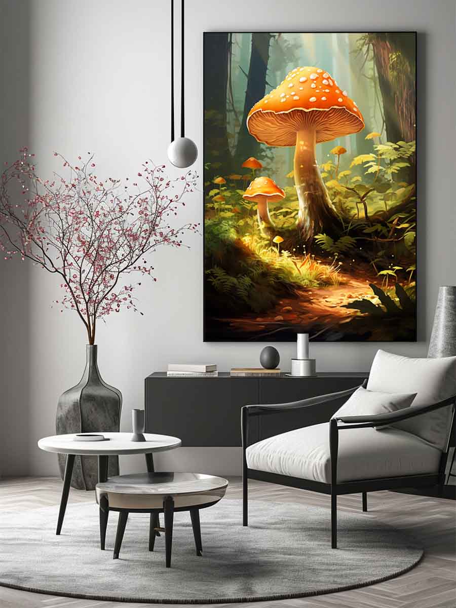 Orange mushroom fantasy canvas art in a misty forest for cozy living room decor.