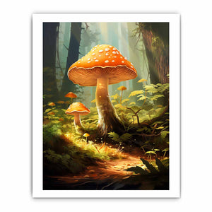 Orange mushroom fantasy canvas art in a misty forest for cozy living room decor.