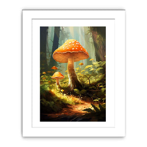 Orange mushroom fantasy canvas art in a misty forest for cozy living room decor.