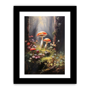 Red mushroom woodland canvas art with wildflowers for soft bedroom or nursery decor.