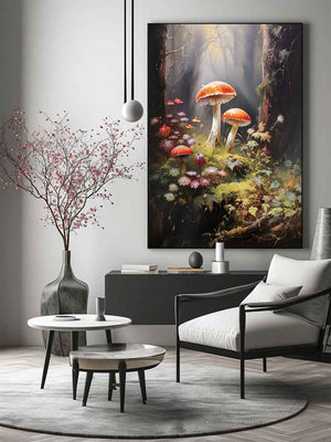 Red mushroom woodland canvas art with wildflowers for soft bedroom or nursery decor.