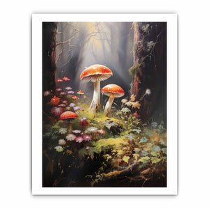 Red mushroom woodland canvas art with wildflowers for soft bedroom or nursery decor.