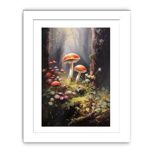 Red mushroom woodland canvas art with wildflowers for soft bedroom or nursery decor.