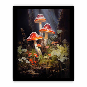 Crimson mushroom fantasy canvas art with forest leaves for eclectic living room decor.
