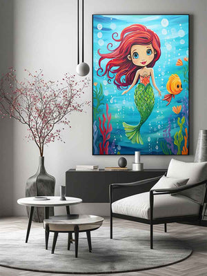 Cute mermaid canvas art with fish and bubbles for kids room or nursery decor.