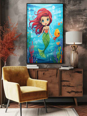 Cute mermaid canvas art with fish and bubbles for kids room or nursery decor.