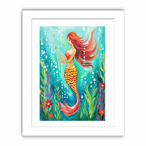 Whimsical mermaid canvas art in teal underwater tones for bathroom or coastal bedroom decor.