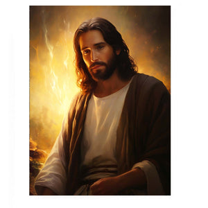 Realistic Jesus portrait canvas art with golden light for peaceful living room decor.