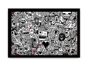 Black and white doodle canvas art with red accents for creative office or teen room decor.