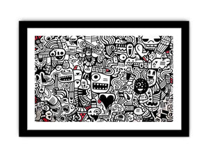 Black and white doodle canvas art with red accents for creative office or teen room decor.