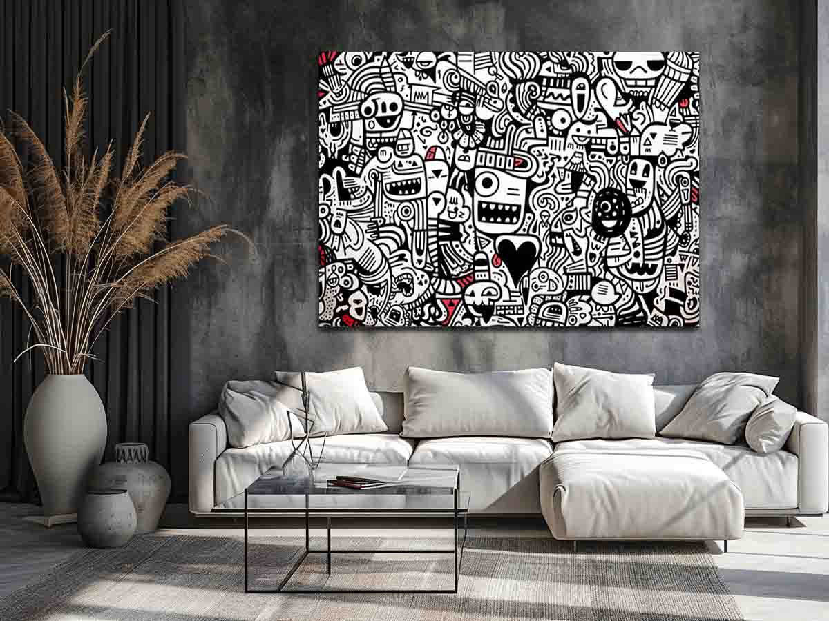 Black and white doodle canvas art with red accents for creative office or teen room decor.