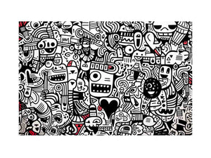 Black and white doodle canvas art with red accents for creative office or teen room decor.