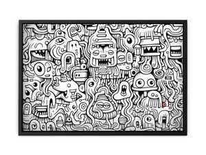 Black and white monster doodle canvas art for kids room, office, or creative studio decor.