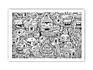 Black and white monster doodle canvas art for kids room, office, or creative studio decor.