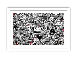 Black and white monster doodle canvas art for kids room, office, or creative studio decor.
