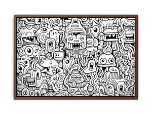 Black and white monster doodle canvas art for kids room, office, or creative studio decor.