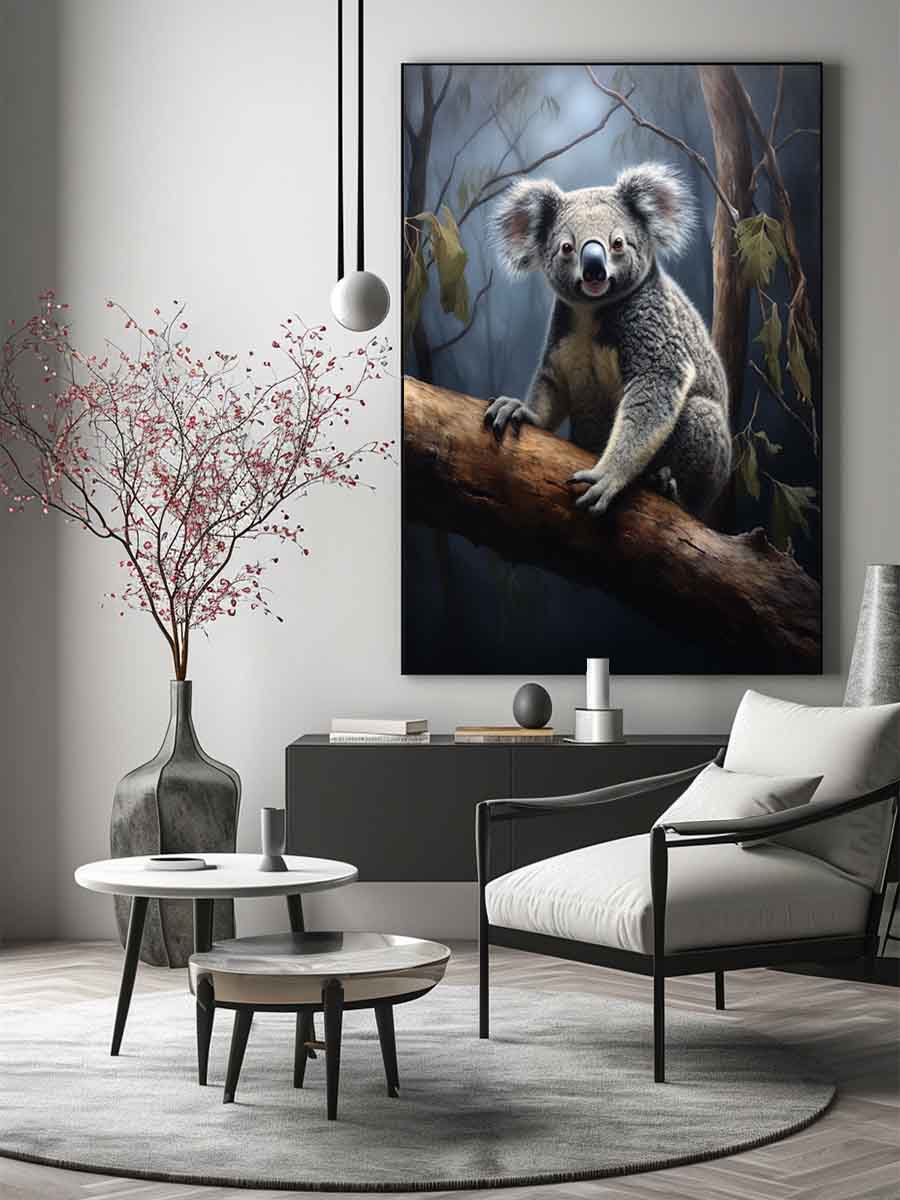 Realistic koala canvas art on eucalyptus branch for nursery or living room decor.